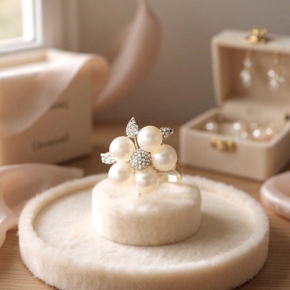 Jewelry - Faux Pearl&Crystal Cocktail Ring, large floral design, adjustable 🌺🤍🩶